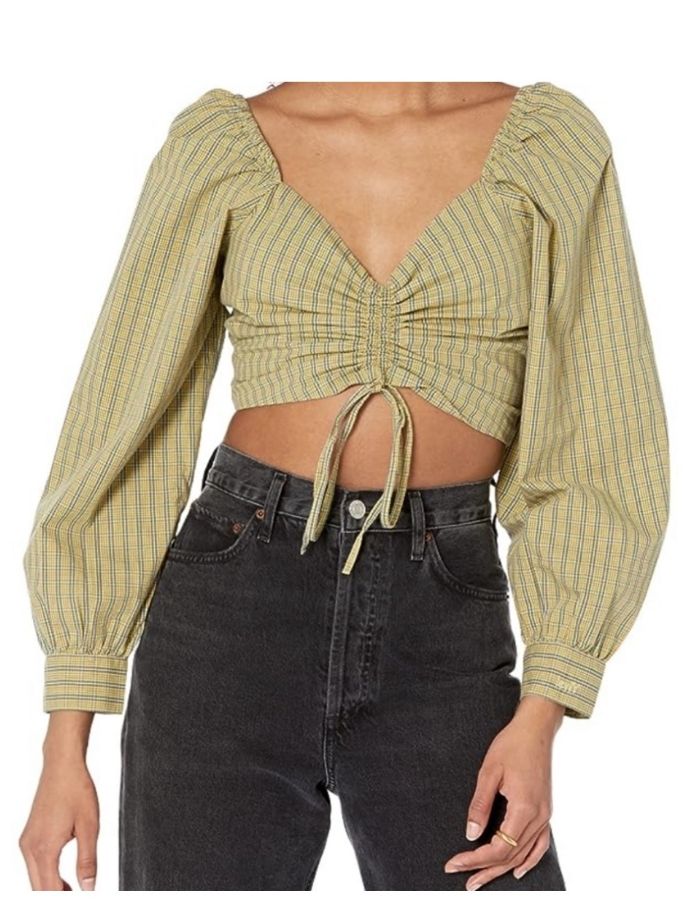 Levi's Yellow-Green Plaid Ruched Crop Top with Puff Sleeves